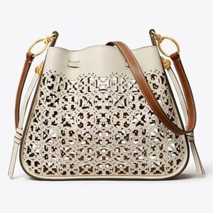Tory Burch Leather Laser Cut Logo Bell Soulder Bag Designer Luxury Celeb Handbag